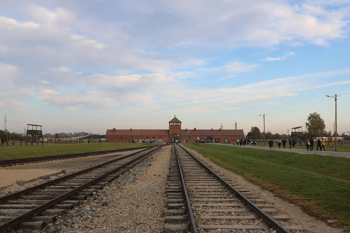 The gate and rail tracks at Auschwitz II-Birkenau