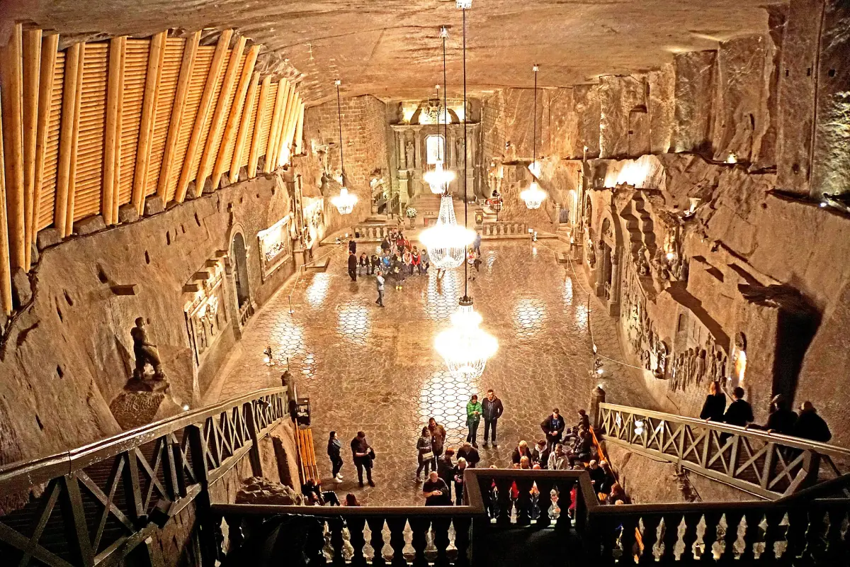 Salt chandeliers above the floor of St Kinga's Chapel