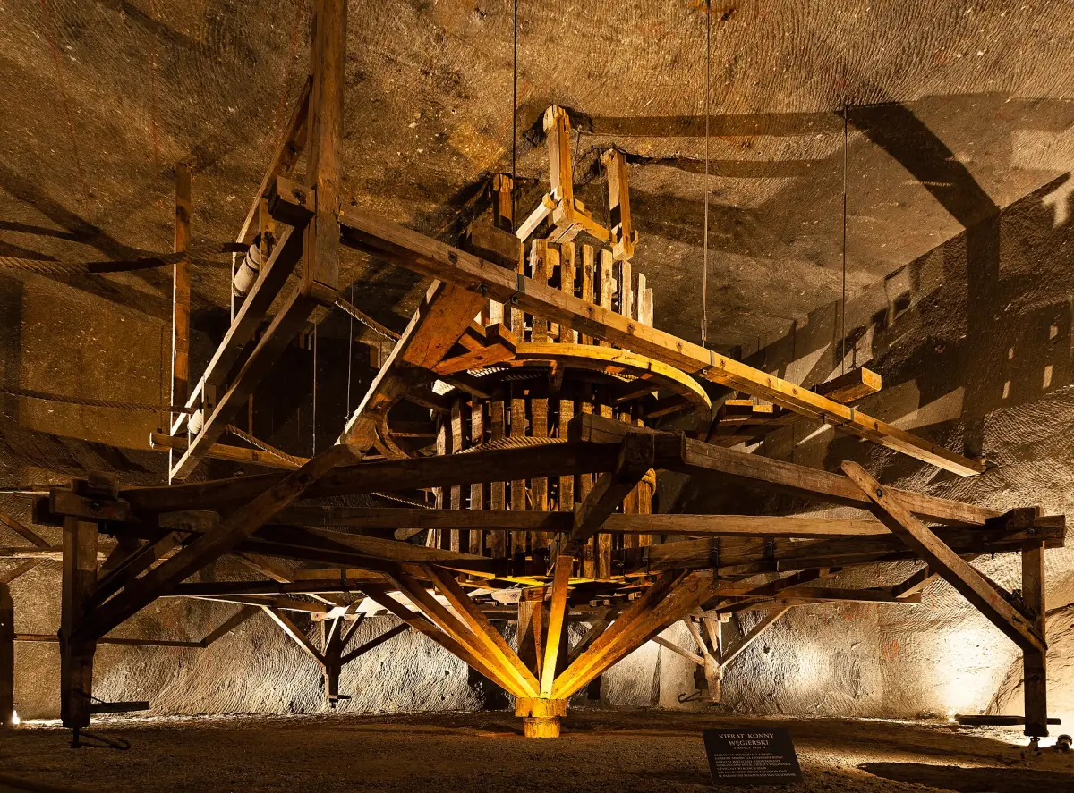 Wooden horse-driven treadmill in the mine