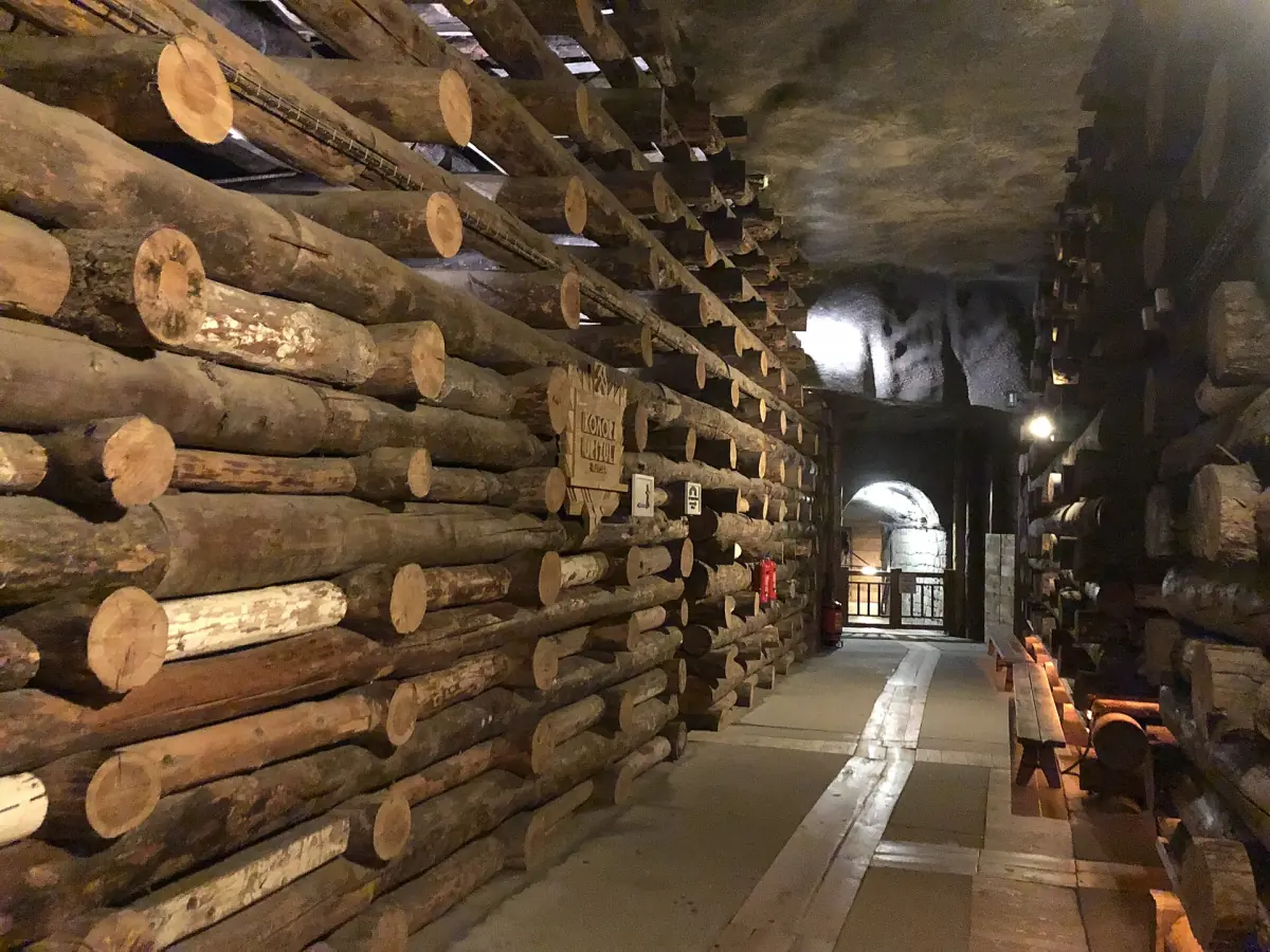 A corridor lined with timber cribbing