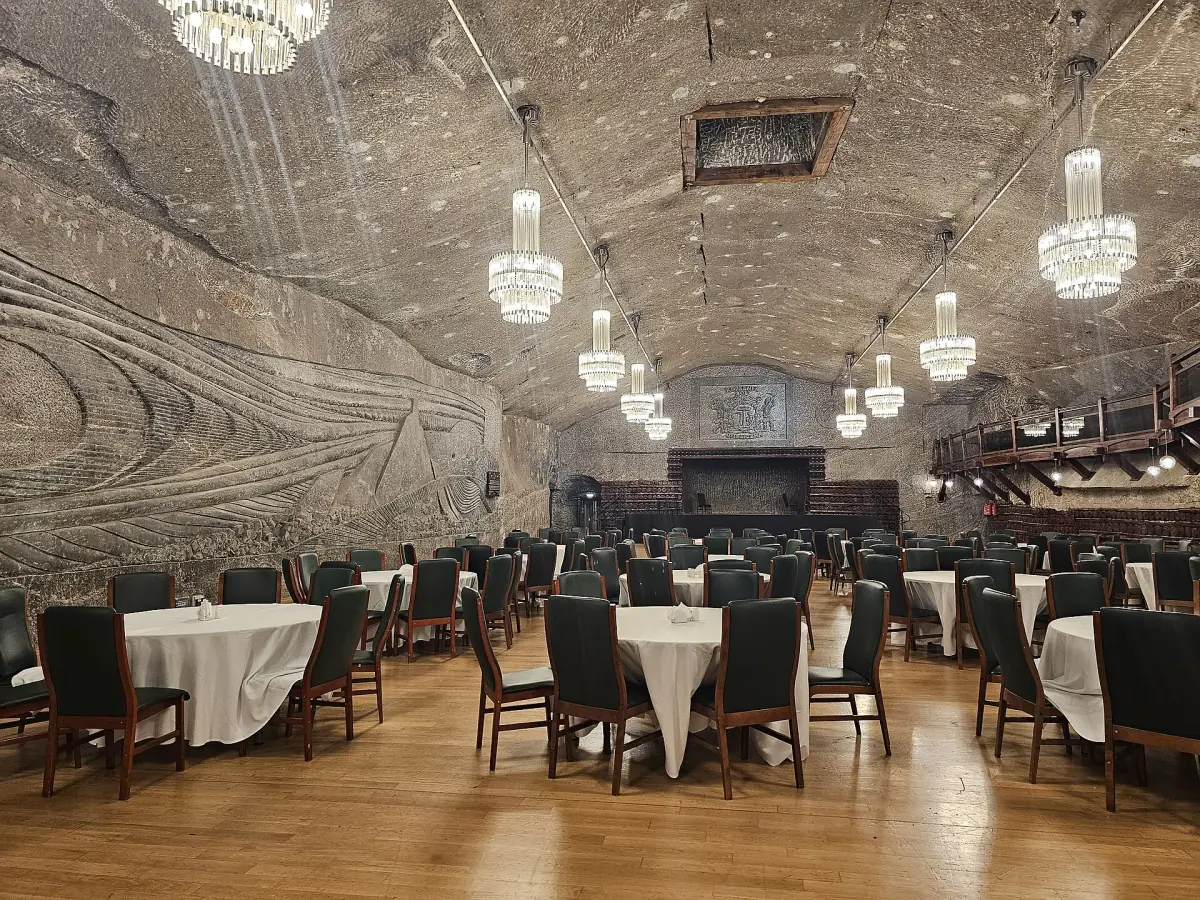 Tables set in an underground event chamber
